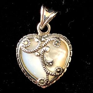 MOP Marcacite 925 Silver Filagree Detail Heart Pendant